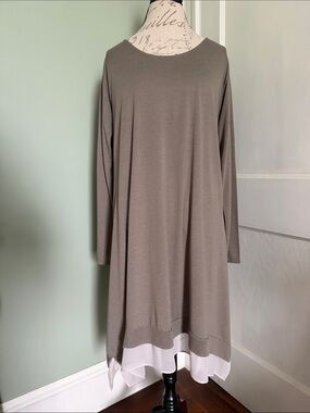 All Saints Taupe Arya Long Sleeve Layered-Hem Swing Dress with Cream Trim